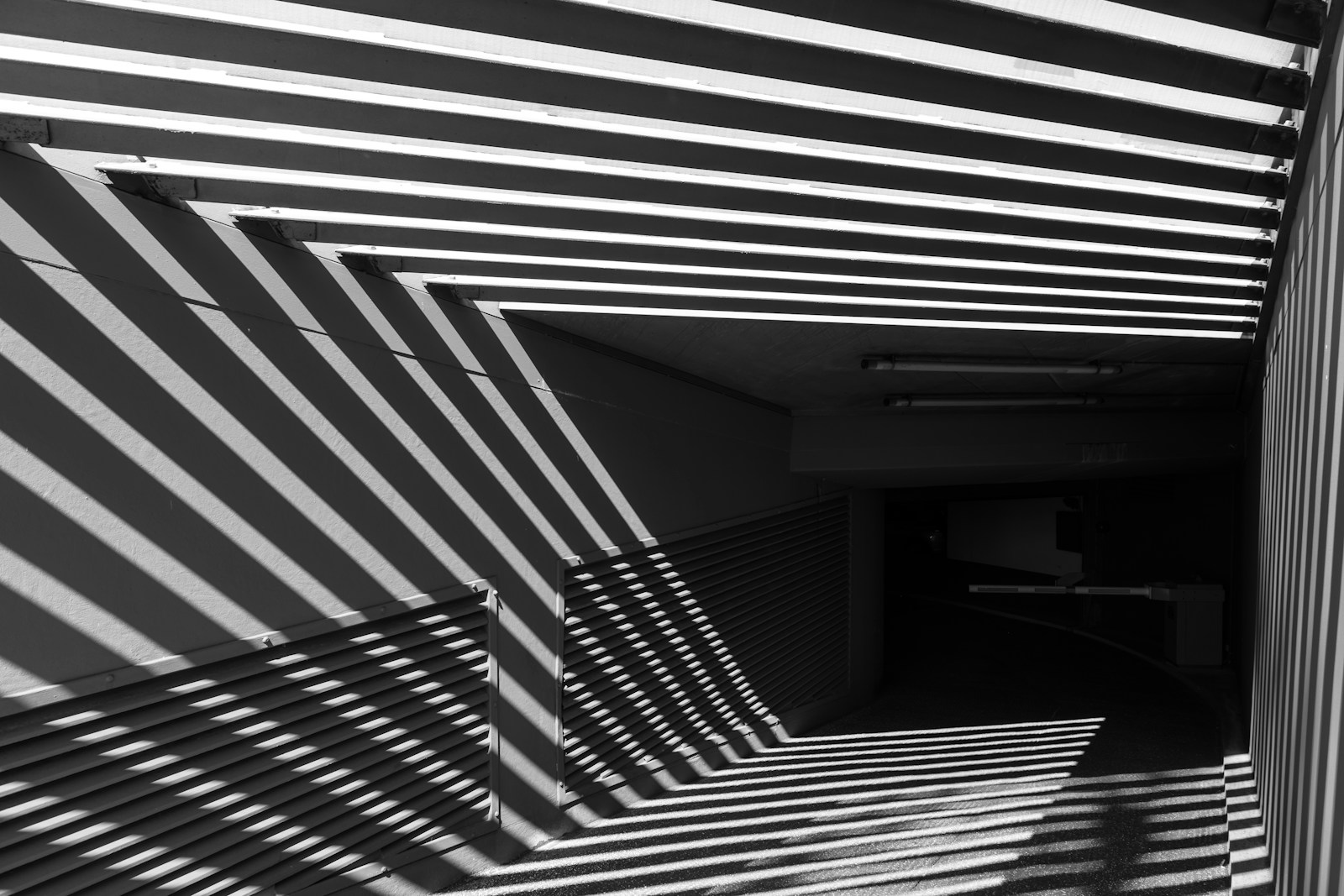 A black and white photo of a hallway