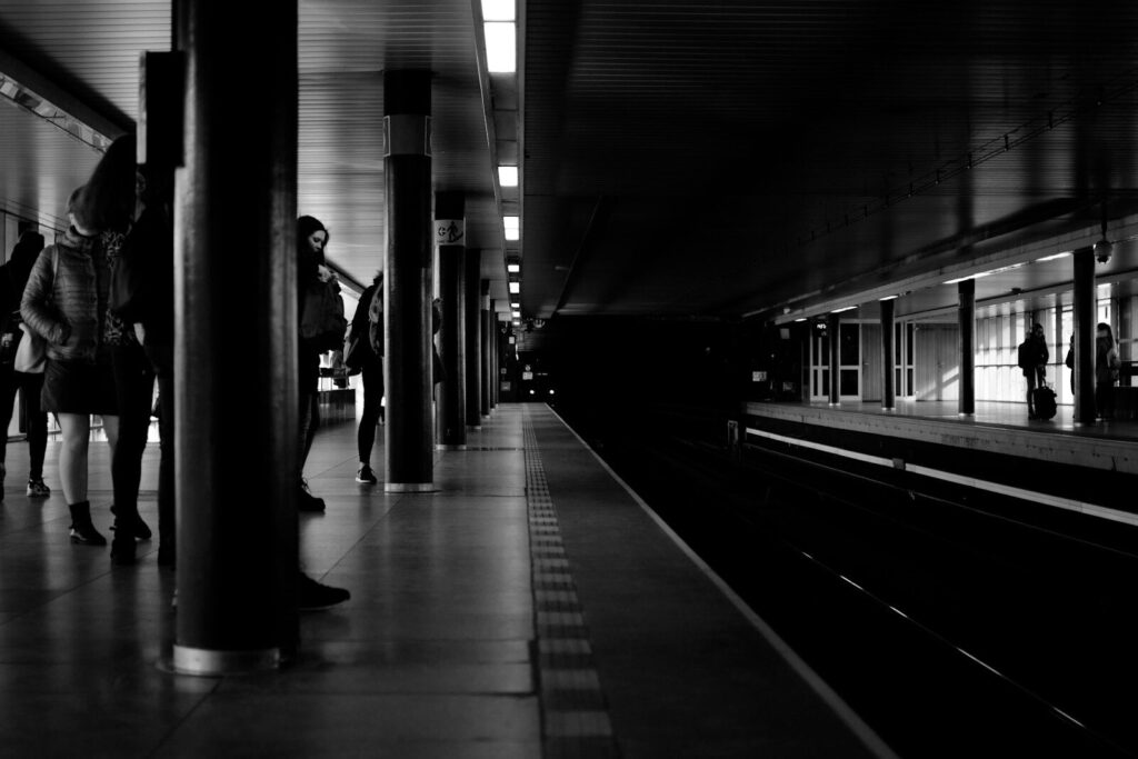 grayscale photo of train station